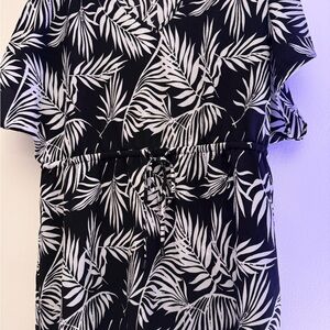 Mario Serrani Black & White Palm Print Dress – Flowy Tie Waist Midi Dress Medium